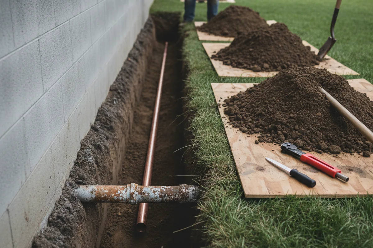 Excavated water line trench during Sewer Line Repair in Chloride